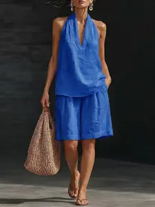 2026 New Women's Casual Shorts Set, Over-The-Shoulder V-Neck Sleeveless, Loose-Fitting, All Seasons, Plain Pattern, Cross-Border Fashion, Womenswear