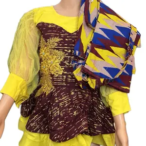 Top with Yellow Sleeves and Gold Embroidery Featuring Vibrant Maroon and Yellow Zigzag Accents