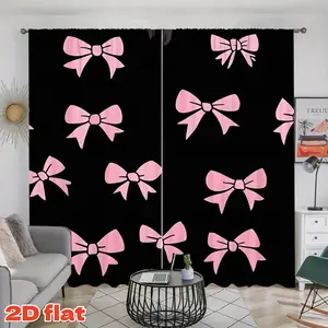 2D Flat 2Pcs Pink Bowknot Pattern Curtains, Rod Pocket Style, Semi Sunshade, Suitable for Home Living Room, Bedroom, Balcony Window Decor, Home Decoration Curtain, Modern Aesthetic Anti-Privacy