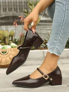 Women's Pointed Toe French Plain Simple Classy Elegant Commuter Mary Jane Buckle Flat Low Heel Shoes, Preppy College Style Office Footwear