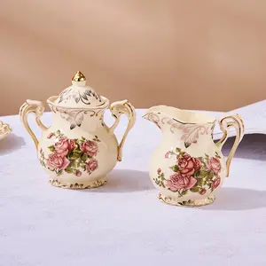Ceramic Sugar Cream Set, Retro Ceramic Teapot with Lid, Rose Flower Gold Leaf Edge, Elegant Kitchenware Accessories