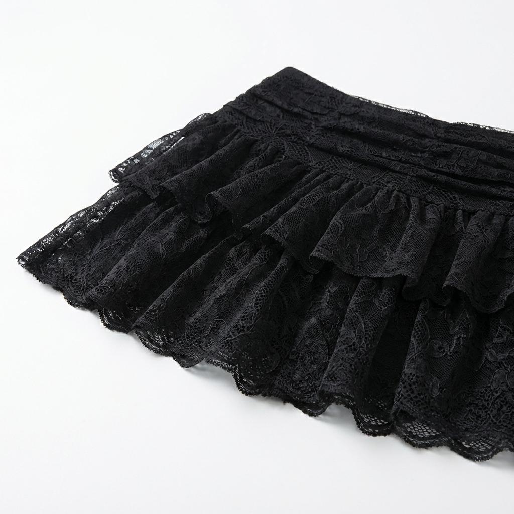 Black Lace Tiered Ruffle Mini Skirt