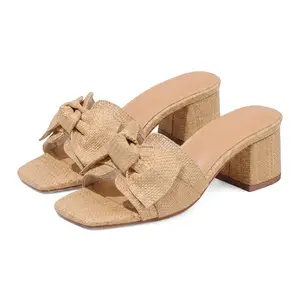 Summer Ready Chunky Heel Mules Slip On Dressy Raffia Sandals For Women Square Toe Open Toe Low Heel Small Short Cute Cozy Everyday Essential