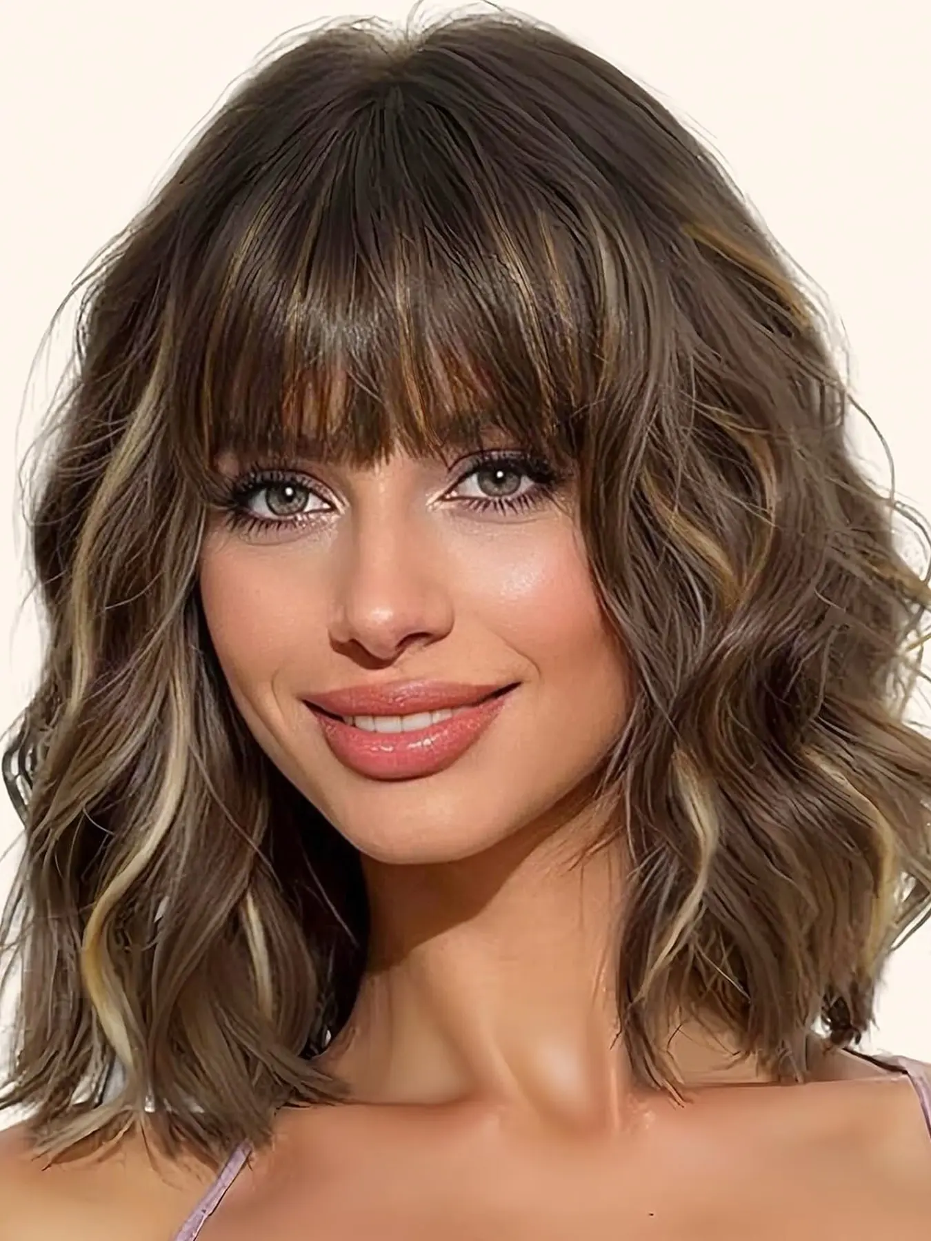 Highlight Short Wavy Wig with Bangs, 14 Inch Thick Soft Synthetic Hair, Fluffy Synthetic Wigs, Body Wavy Wigs, Natural Look, Easy Wear for Daily & Special Occasions, Synthetic Material Wigs, Body Wave Wigs