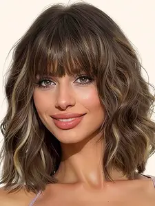 Highlight Short Wavy Wig with Bangs, 14 Inch Thick Soft Synthetic Hair, Fluffy Synthetic Wigs, Natural Look, Easy Wear for Daily & Special Occasions