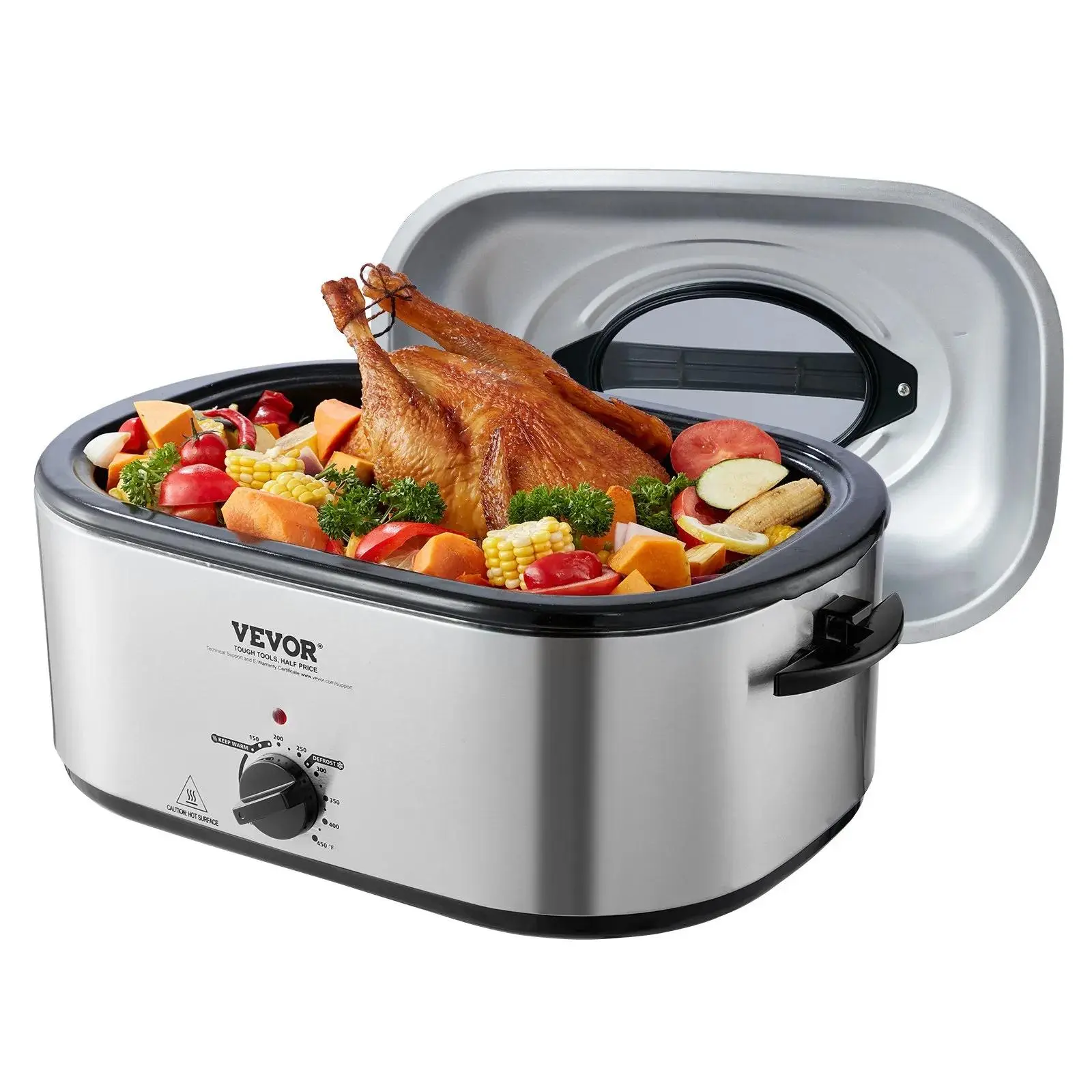 【toolupgrade】VEVOR 24 QT Electric Roaster Oven (Household & Kitchen Appliances, Cooking Tools for Family Roasting) - 1450W, Self-Basting Lid, Defrost & Warm Functions, Adjustable Temp, Removable Pan & Rack, Fits 28LBS Turkeys, Silver, Large Size