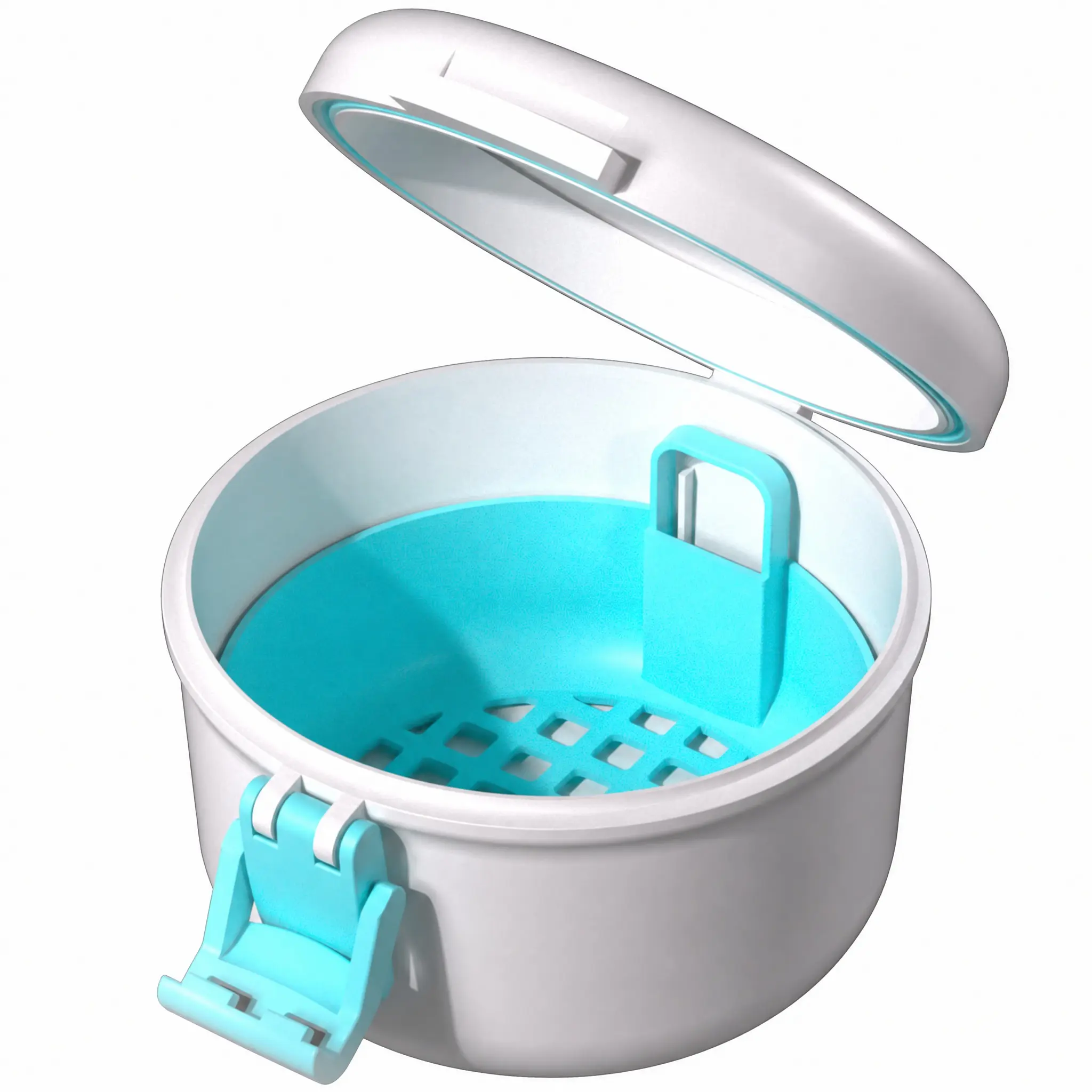 BVN Leakproof Retainer Soaking Case, Portable Denture Travel Cup with Strainer, White & Cyan