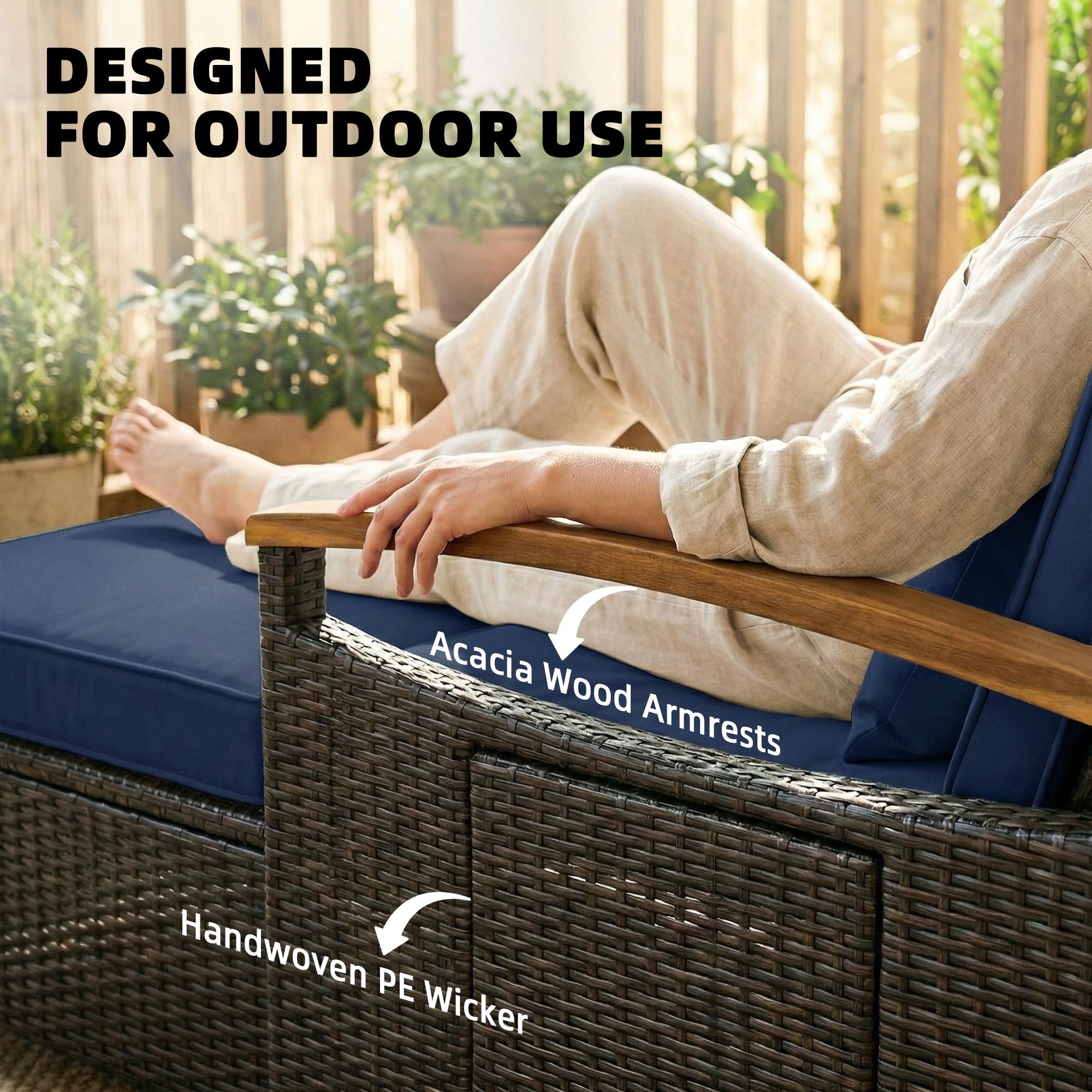 Rattan Outdoor Daybed w/4-Level Adjustable Backrest, Patio Sofa Bed w/Storage Ottoman, Acacia Wood Armrest, Navy Blue Rattan Outdoor Daybed w/4-Level Adjustable Backrest, Patio Sofa Bed w/Storage Ottoman, Acacia Wood Armrest, Navy Blue