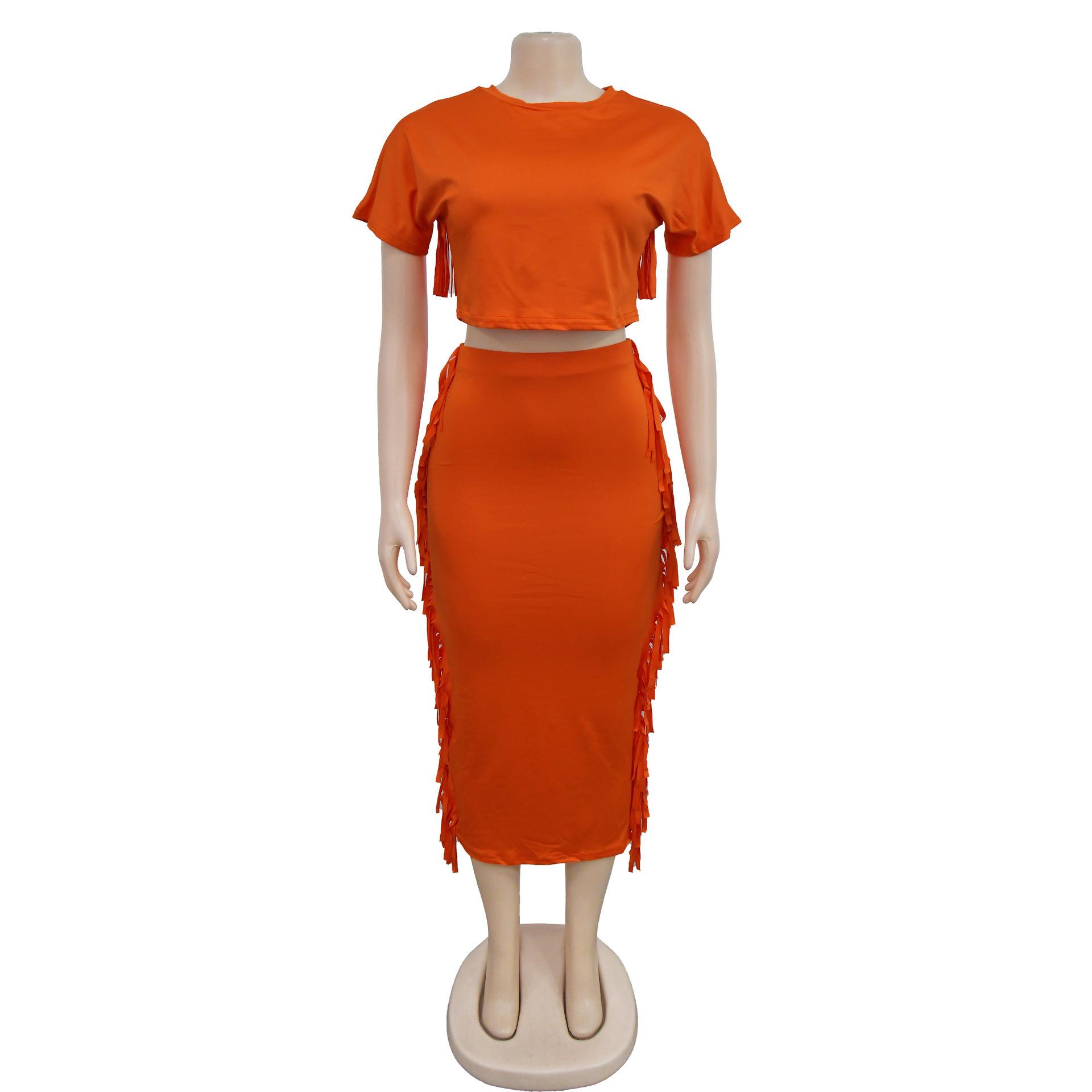 FashionableStyle Solid Color Fringe Round Neck Short Sleeve Long Dress Two-Piece Set