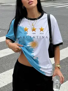 Argentina Three-Star Champion Memorial Short Sleeve T-Shirt Women, American Street Loose Oversized Soccer Jersey, Sporty Casual Top