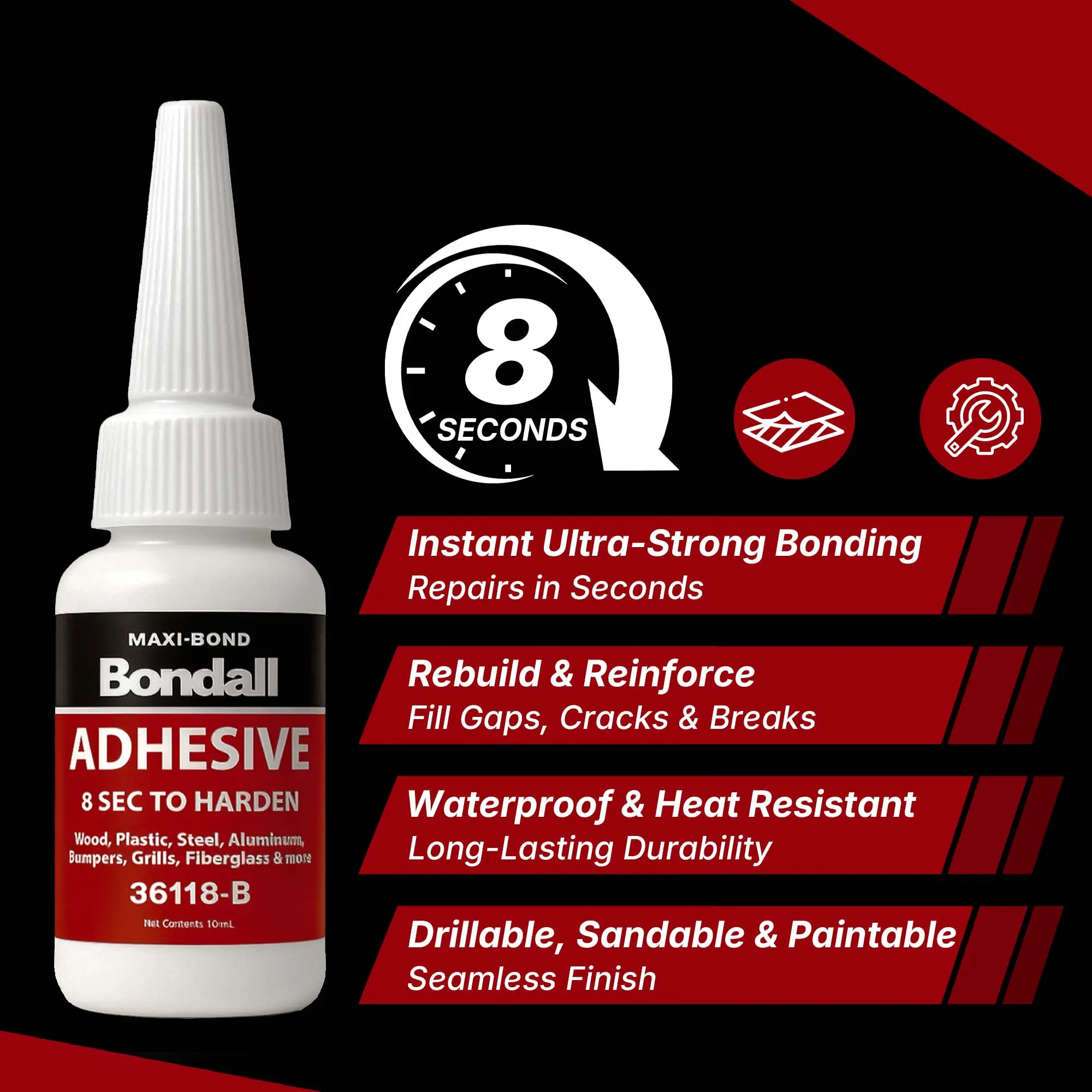 Lauco 36118-BONDALL 4-Piece Instant Curing Adhesive Repair Kit - Heat-Resistant Garage Tool with Instant Ultra-Strong Bonding, Waterproof Seconds-Curing Solution (2 Adhesive Bottles, 1 Black Plastic Reinforcing Powder, 1 Grey Metal Reinforcing Powder)