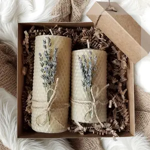 Set of 2 beeswax candle boxes, lavender-scented, handmade honeycomb textured cylindrical beeswax candles, natural beeswax, unscented, suitable for holiday gifts, candle gifts, party candles, ritual candles, home decoration decor