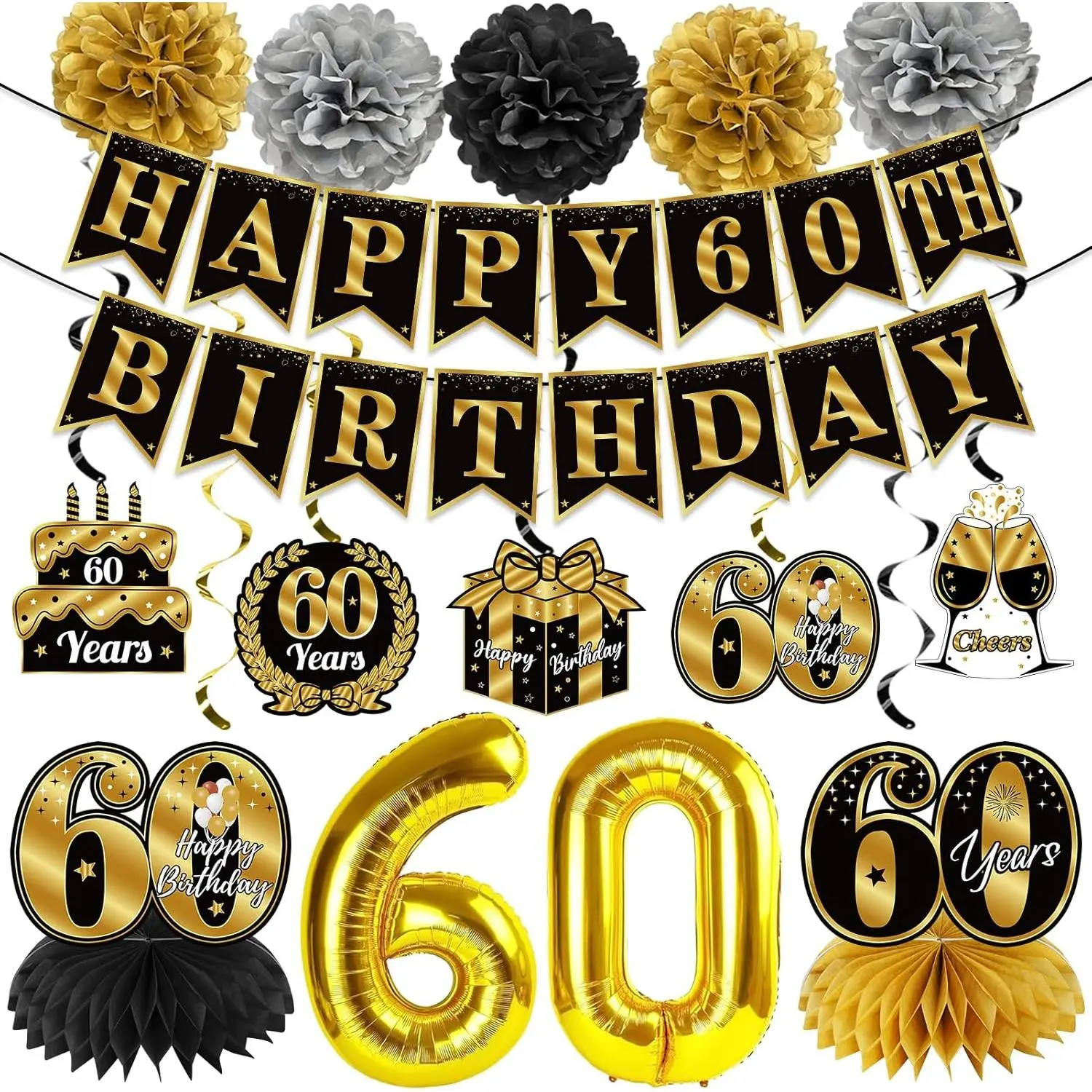 60th Birthday Decorations Set for Men - Black Gold Happy 60th Banner, Cheers to 60 Years Plastic Balloons, Photo-Worthy Table Decor, Hanging Swirls, Paper Pompoms Festive Gift for Home Party Supplies