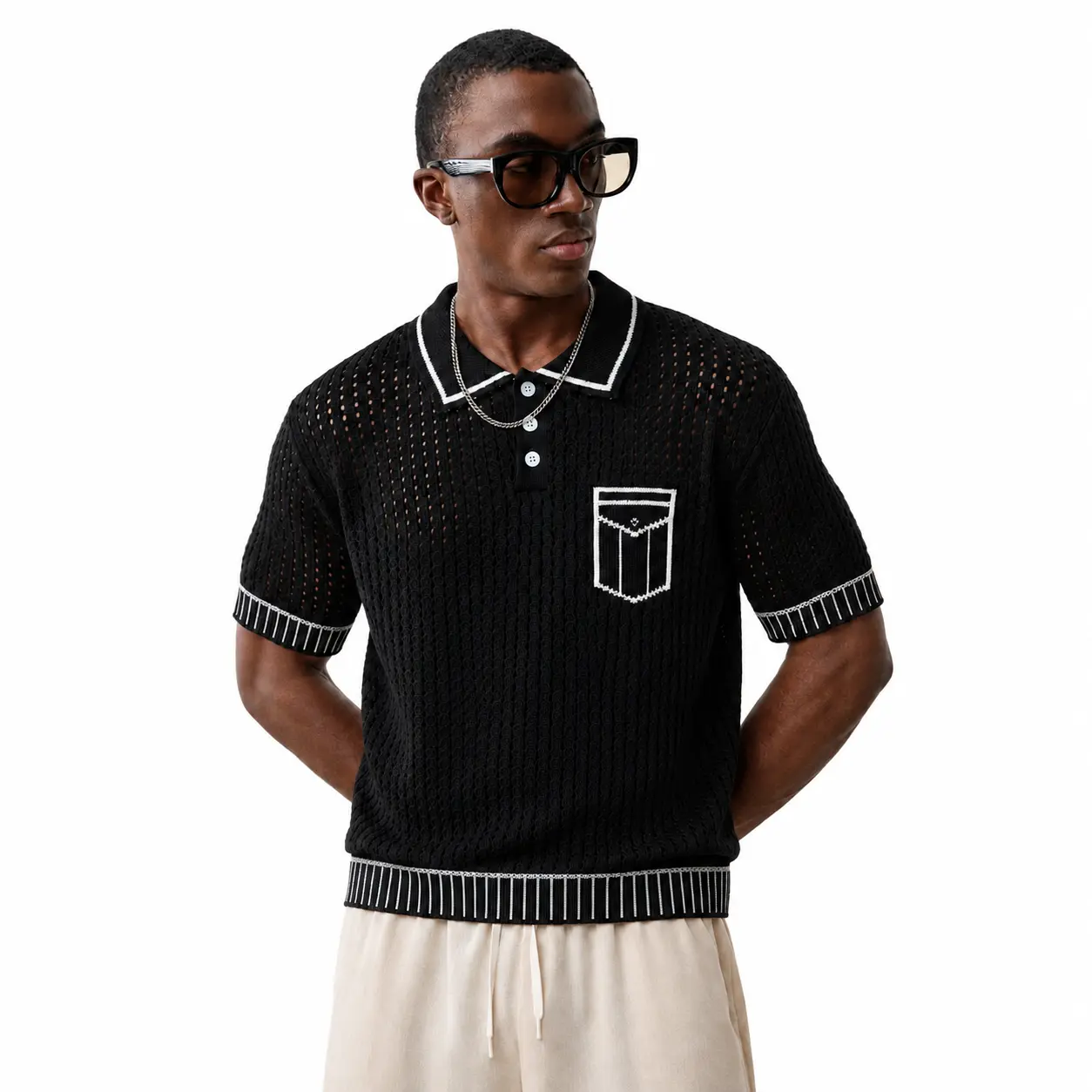 Men's summer cool knit short-sleeved shirt, Bohemian style casual resort wear, loose fit, with a lapel collar and button closure. Menswear Top Shortsleeve Tshirt Tropical Streetwear,back to school,back to school shopping White