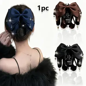 A New Style of 1pc Faux Crystal Pendant with Multi-Layer Fabric Bow, Acrylic Hair Claw for Women, Featuring a Vintage Elegant Tassel Pendant Bow for Updos, Large Shark Clip, Non-Slip Hair Clip, Suitable for Everyday And Festive Occasions