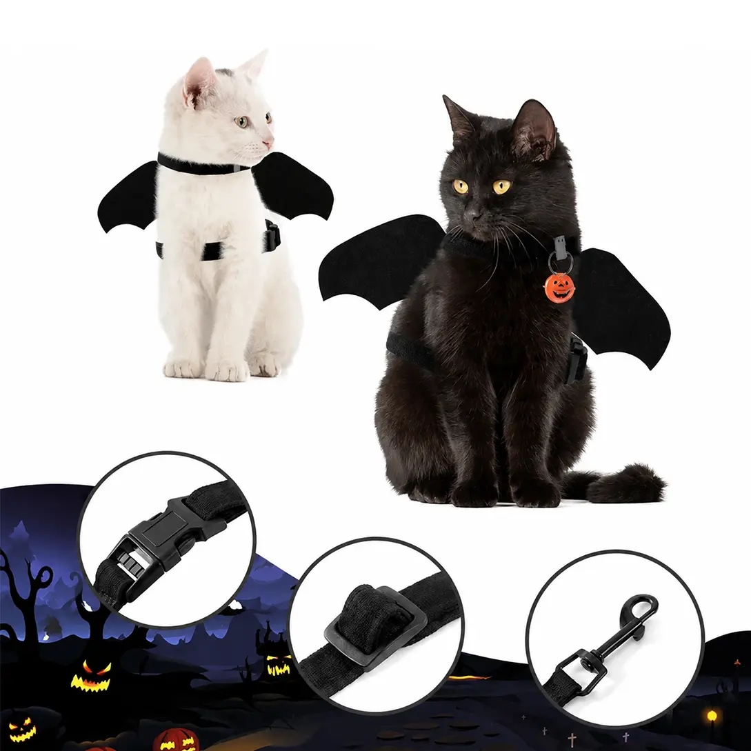 Halloween Bat-shaped Pet Costume Harness and Leash set — Made of felt; soft, adjustable, and escape-proof vest design. Easy to put on; suitable for outdoor walks with kittens and adult cats, as well as for puppies
