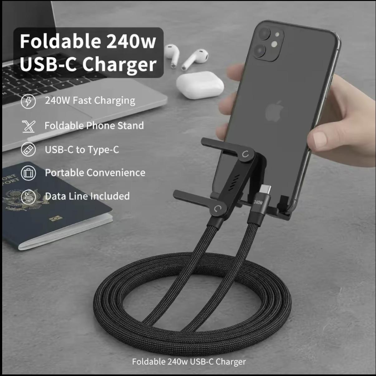 Outdoor mobile portable indoor travel tool 240W fast charging data cable | Woven material, foldable stand, black - Dual-purpose fast charging cable for phone charging and desktop video viewing, Type-C to Type-C, USB-C interface type