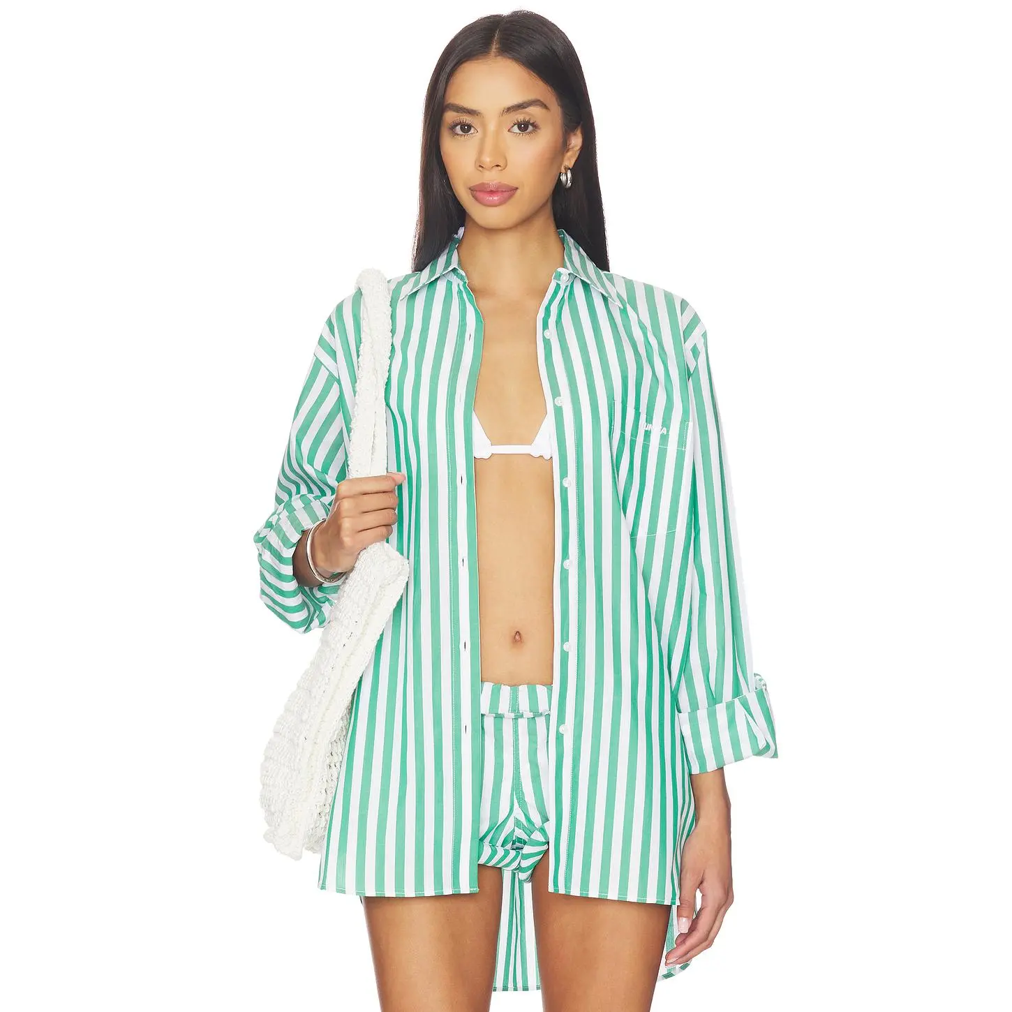 Hunza G Cabana Stripe Embroidered Shirt in Emerald