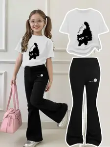 Girls' Casual Fashion Set Cartoon Short Sleeve & Bell Bottom Set, Cat 'hello' Print, Round Neck, Comfortable Outdoor Wear, All Seasons, Clothes Kids