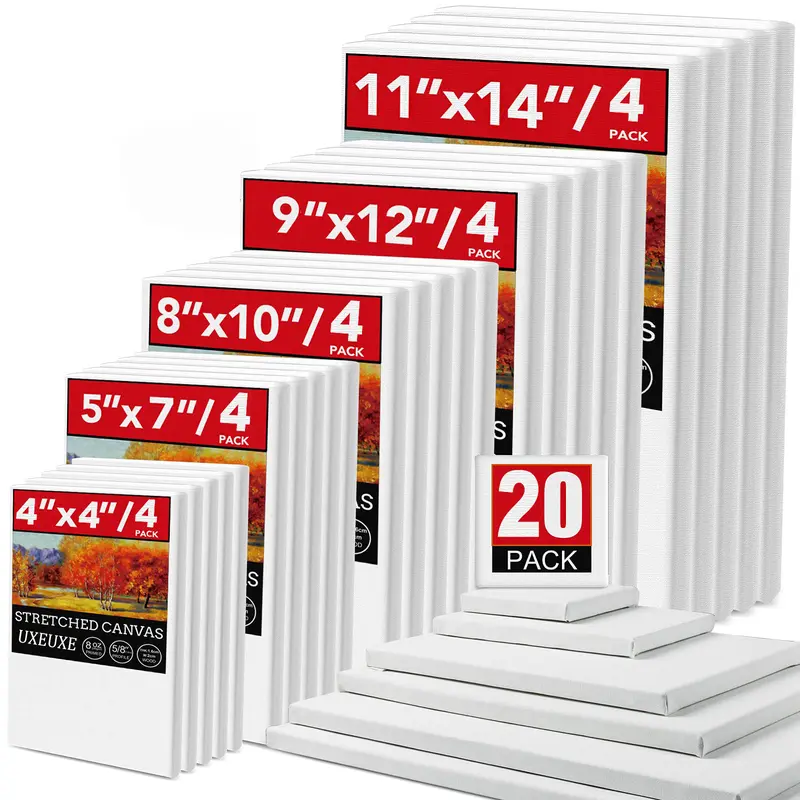 20 Pack Stretched Canvases for Painting, Multi Pack 11X14, 9.44X12, 8X10, 5X7, 4X4 (4 of Each), Blank Primed Canvas, Oil Painting, Acrylic Paint, for Beginners & Artists.