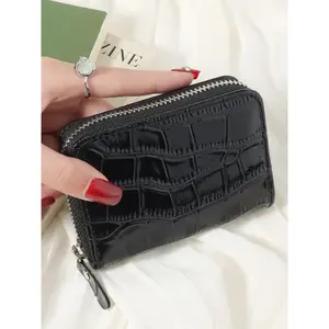 Women's Minimalist Short Wallet, Fashionable Crocodile Embossed Card Holder, Lightweight Zipper Around Clutch Purse for Daily Used