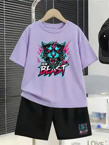 Mr Beast Cool Kids' Set: Short-Sleeve T-Shirt with Lightning-Print Leopard Gradient Lettering + Shorts—A breathable set for boys, perfect for spring and summer