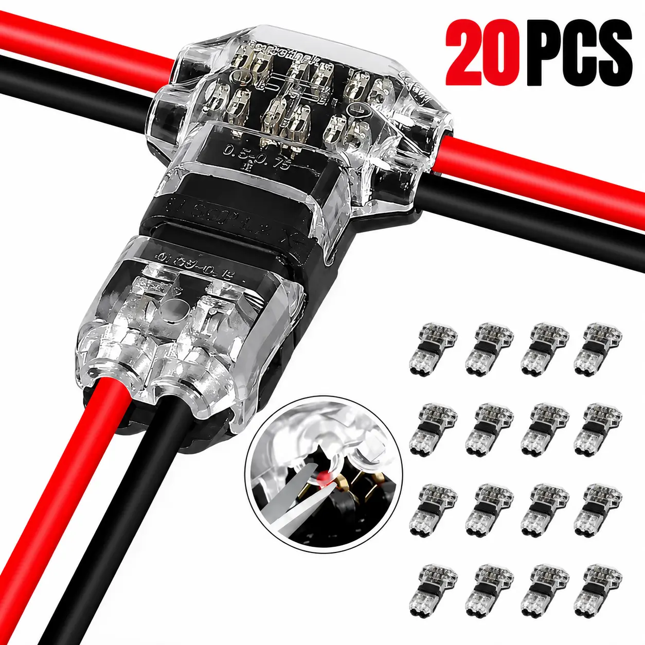 20PCS T-Tap Quick Wire Connectors, T Type 2 Pin Wire Splice Connectors, No Stripping Solderless Electrical Connectors for LED, Automotive, RV & Marine Wiring