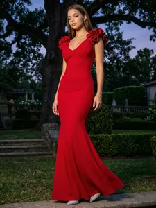 TECHNO CREPE RUFFLE DETAIL SYMPHONY MAXI DRESS