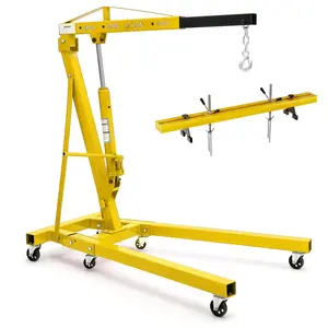 2 Ton Folding Hydraulic Engine Hoist with 59 in Load Leveler 4400 LBS Capacity Heavy Duty Cherry Picker 6 Swivel Wheels&Hydraulic Pump Adjustable Boom (0.5T-2T) for Garage Workshop Warehouse Yellow