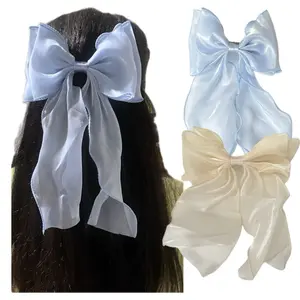 Hair Bows 2 pcs - Sheer Organza Bow Accessory with Large Design in Light Blue & Ivory