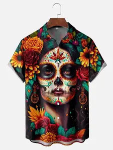 Men's Vintage Floral Skull Print Short Sleeve Shirt, Halloween Theme, Casual Holiday Festive Wear, Fitted Style, All Seasons