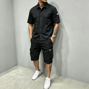 Men's 2-Piece Casual Set Short Sleeve Button Down Shirt + Cargo Shorts Matching Outfit Streetwear