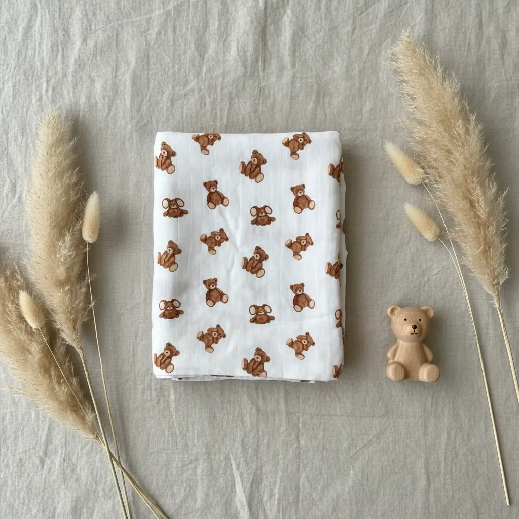 Cuddle Teddy Bear Muslin Swaddle | 47x47 Organic Baby Swaddle