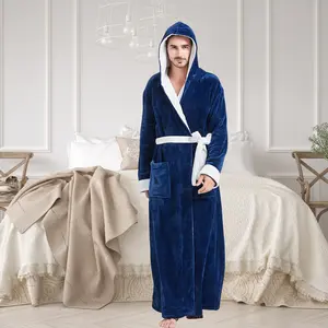 FashGudim Mens Robes Big and Tall with Hood Two-Tone Flannel Fleece Contrast Bathrobe Full Length Plush Long Robe House Coat Menswear Belt Plush Hooded