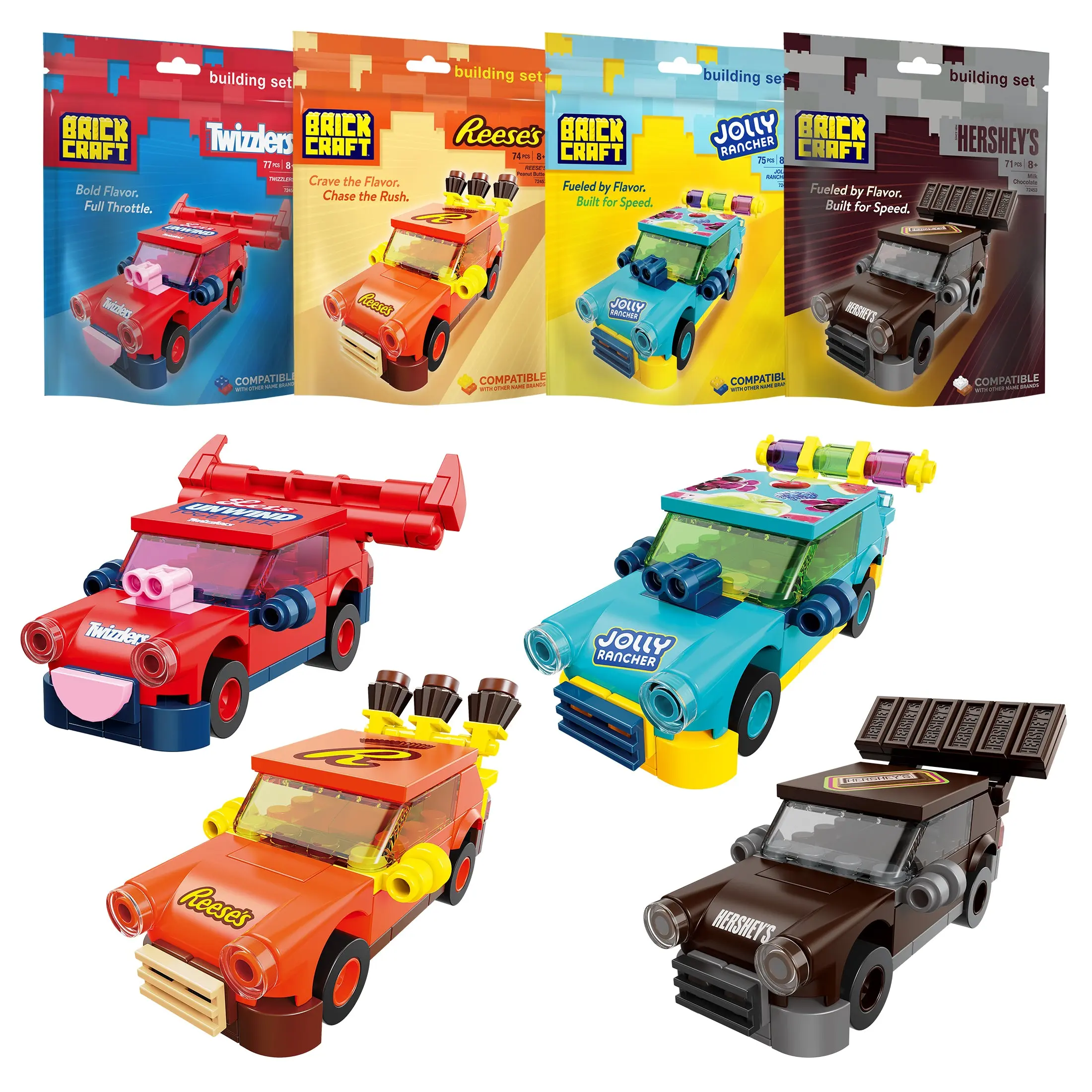 Brickcraft Hershey's Candy Car Bundle Building Set, 297-Piece Collectible Model Kit, 4 Racers for Kids, Teens & Collectors 8+
