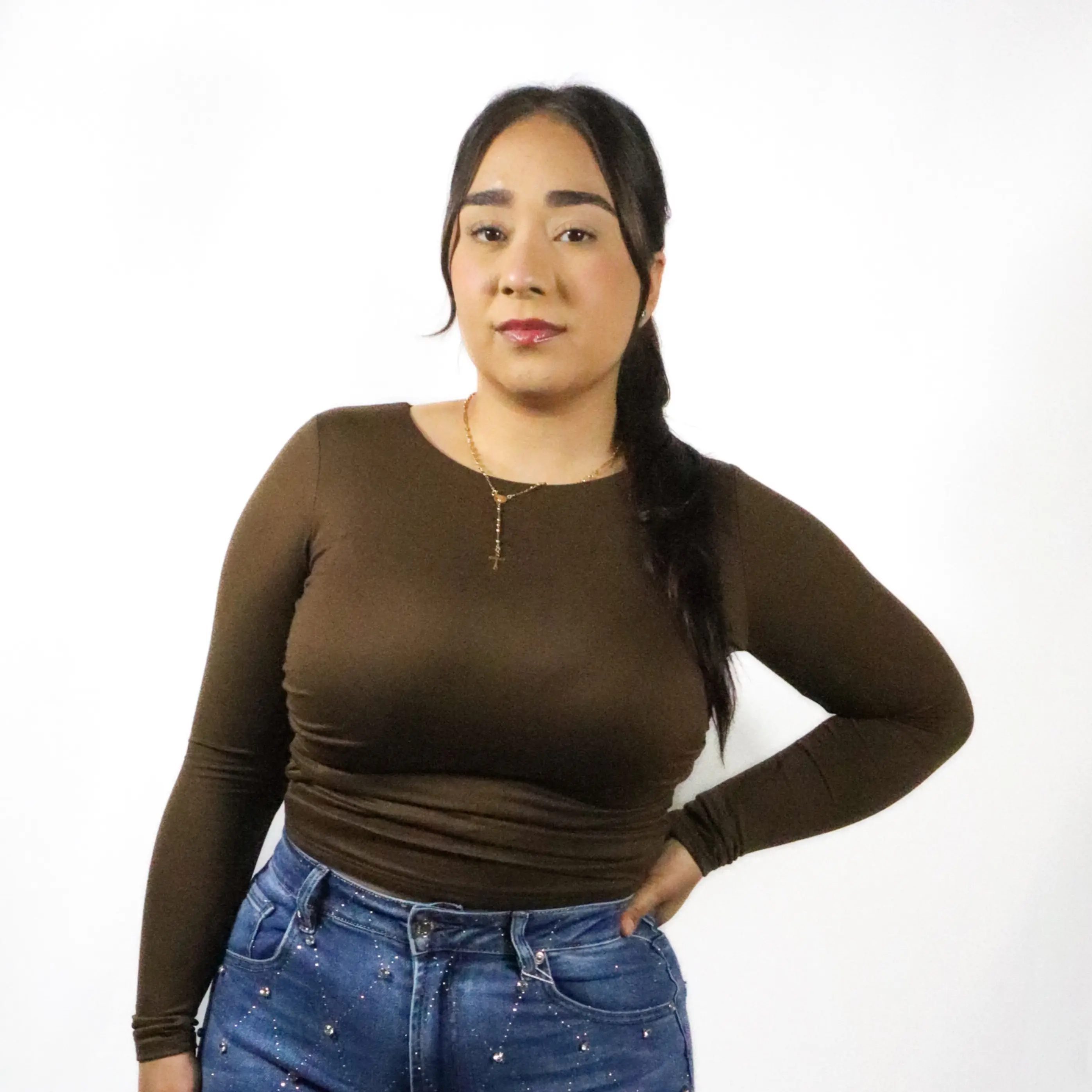 T19717 - Double Layer Side Sharing Long Sleeve Top - Coffee