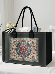 1 piece of ethnic floral pattern 2D printed large capacity storage bag, extra large storage bag, sturdy handle, space-saving multifunctional, suitable for use at school, on business trips, and shopping