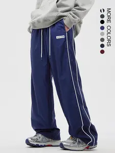 Men's Side Stripe Drawstring Waist Straight Leg Pants, Casual Pocket Letter Patched Trousers for Fall & Winter, Loose Menswear, Drippy Outfits