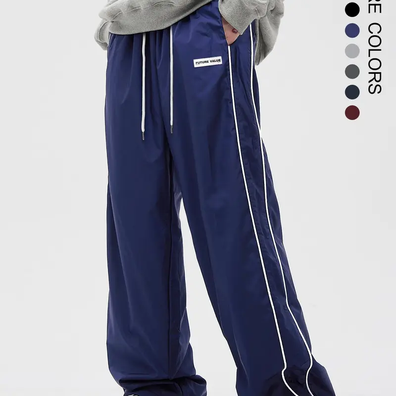Men's Side Stripe Drawstring Waist Straight Leg Pants Fabric, Casual Pocket Letter Patched Trousers for Fall & Winter, Loose Menswear, Drippy Outfits