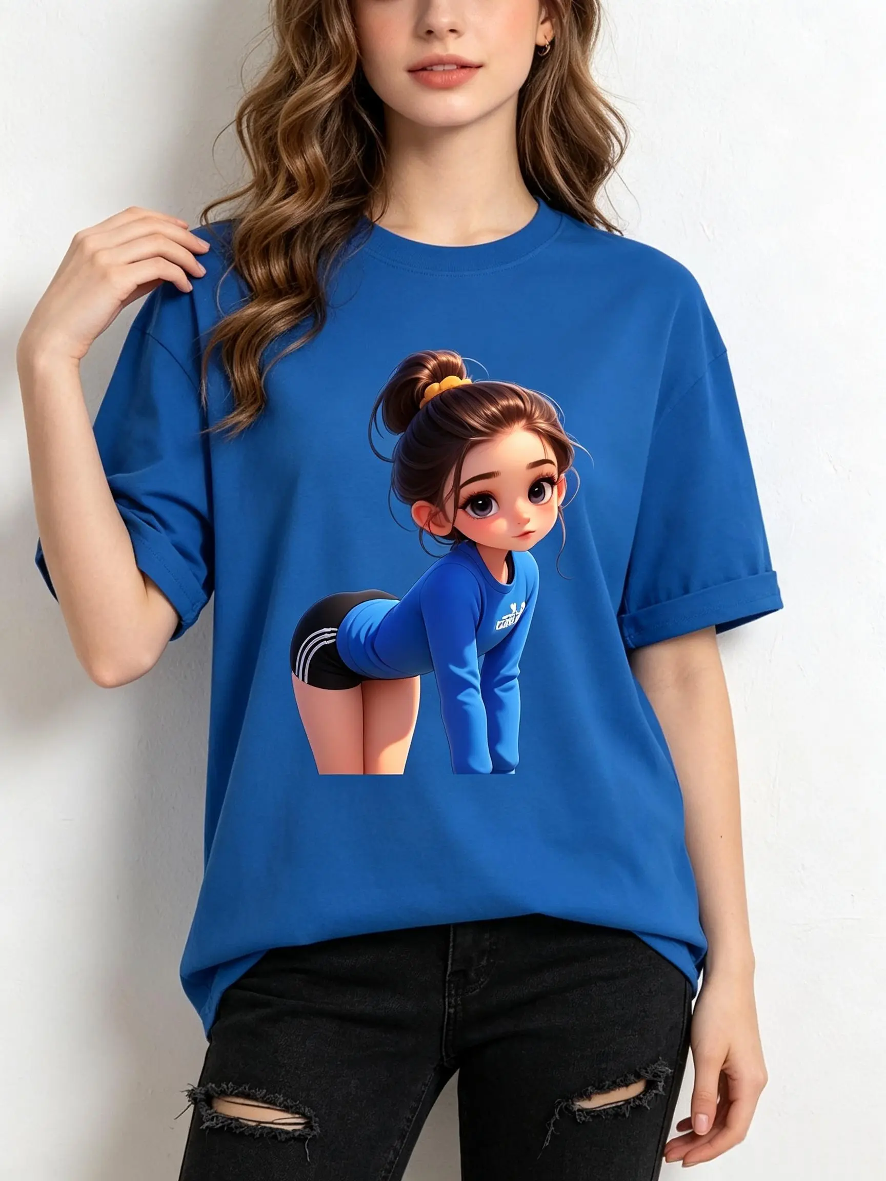 Viral TikTok Gym Streetwear Women’s Royal Blue Crew Neck Graphic T-Shirt Pretty Chibi Girl High Ponytail Blue Long Sleeve Crop Top Black Striped Shorts Bend Over Pose Cartoon Print Soft Short Sleeve T sohochic