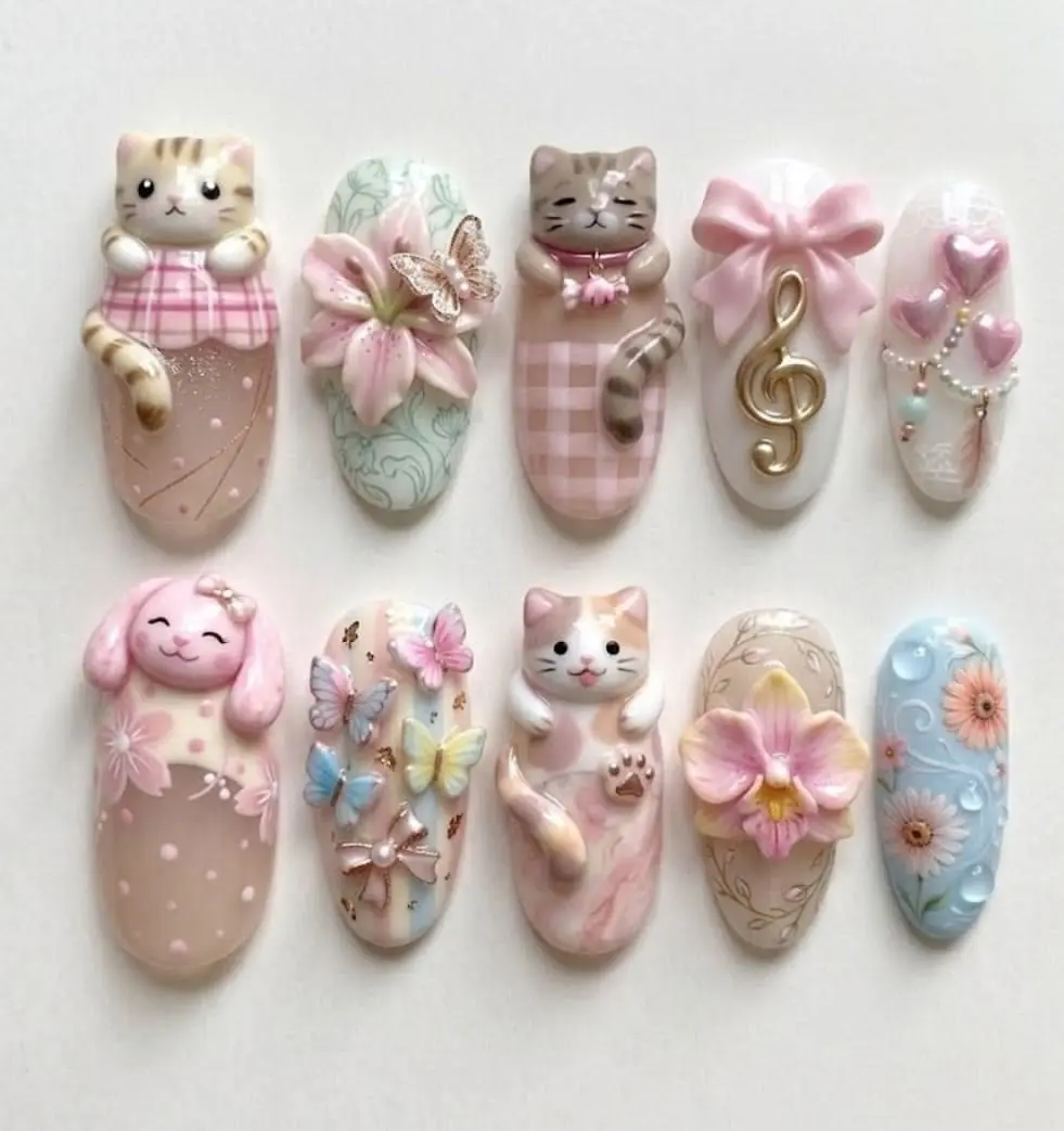 3D Kawaii Press-On Nails - Cute Cat, Puppy & Floral Design Set for Beauty Nail Art Decoration