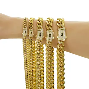 Electroplating 14K 6-14mm Hip Hop Bling Gold Color Stainless Steel Cuban Miami Chains Necklaces CZ Zircon Box Lock Link Chain for Men Rapper Jewelry