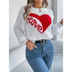 New Heart Loose Knit Sweater for Women, Autumn Winter Round Neck Pullover, Casual Colorblock Design, Lazy Style Heart Pattern Top, Knitted Shirt