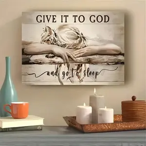 Give It To God and Go to Sleep Framed Canvas Wall Art, Christian Inspirational Wooden Texture Motivational Decor, Ready to Hang Bedroom Living Room Home Decoration Gift