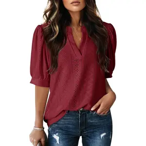 Womens Summer Business Casual Blouses V Neck Short Sleeve Shirts Hollow Out Cute Lace Tops