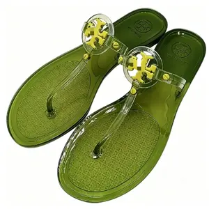 Women's Olive Green Waterproof Jelly Flip Flops, Non-Slip Thong Sandals with Decorative Accent, Summer Beach Pool & Casual Daily Footwear