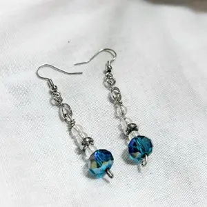 SCS-BWER1-022 Ocean Prism Drops Earrings - Handcrafted Faceted Iridescent Blue Crystal & Clear Glass Accents - Lightweight Silver-Tone Hardware - Everyday Jewelry