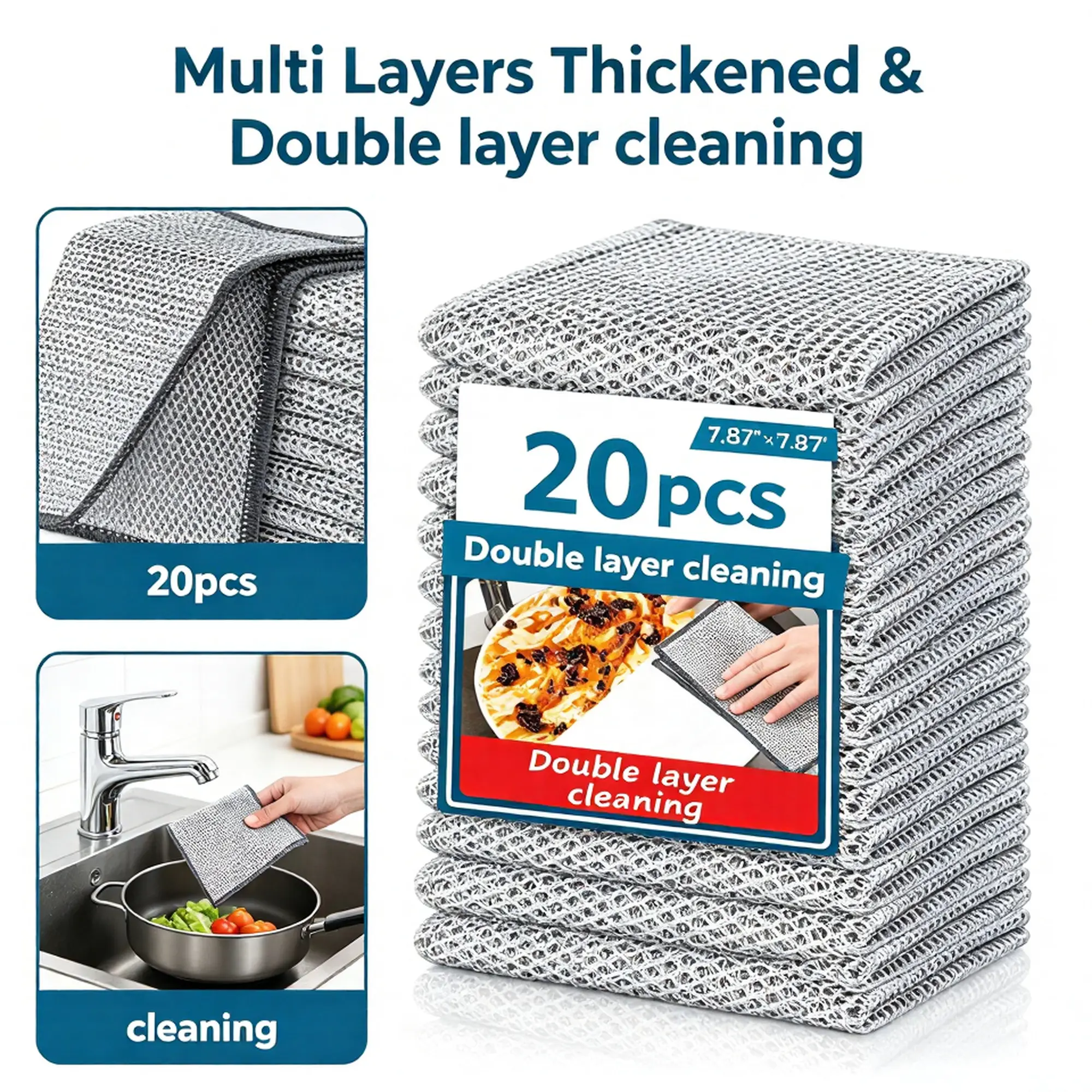 Premium Stainless Steel Dish Cloth, 10/20 Pcs Double-Layer Thick Metal Scrub Pads, Wet Dry Microfiber Mesh Cleaning Cloths for Kitchen, Reusable Home Cleaning Tools