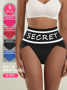 QUASTI 4 Pack High Waist Waistband Letter Design Tummy Control Hip Lifting Women's Briefs,Hip Lifting Elastic Sports Womenswear,Soft and Comfortable,Breathable,Elegant Fashionable Ladies Briefs,S-XXL