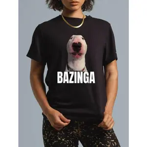 Bazinga Funny Cringe Meme Dog GenZ Trendy Teenager Slang T-Shirt Everyday Tops Short Sleeve Crew Neck Fitted Casual Women's Wear Black Vintage Style